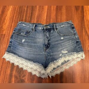 Free People Blue Jean Shorts with White Lace Trim